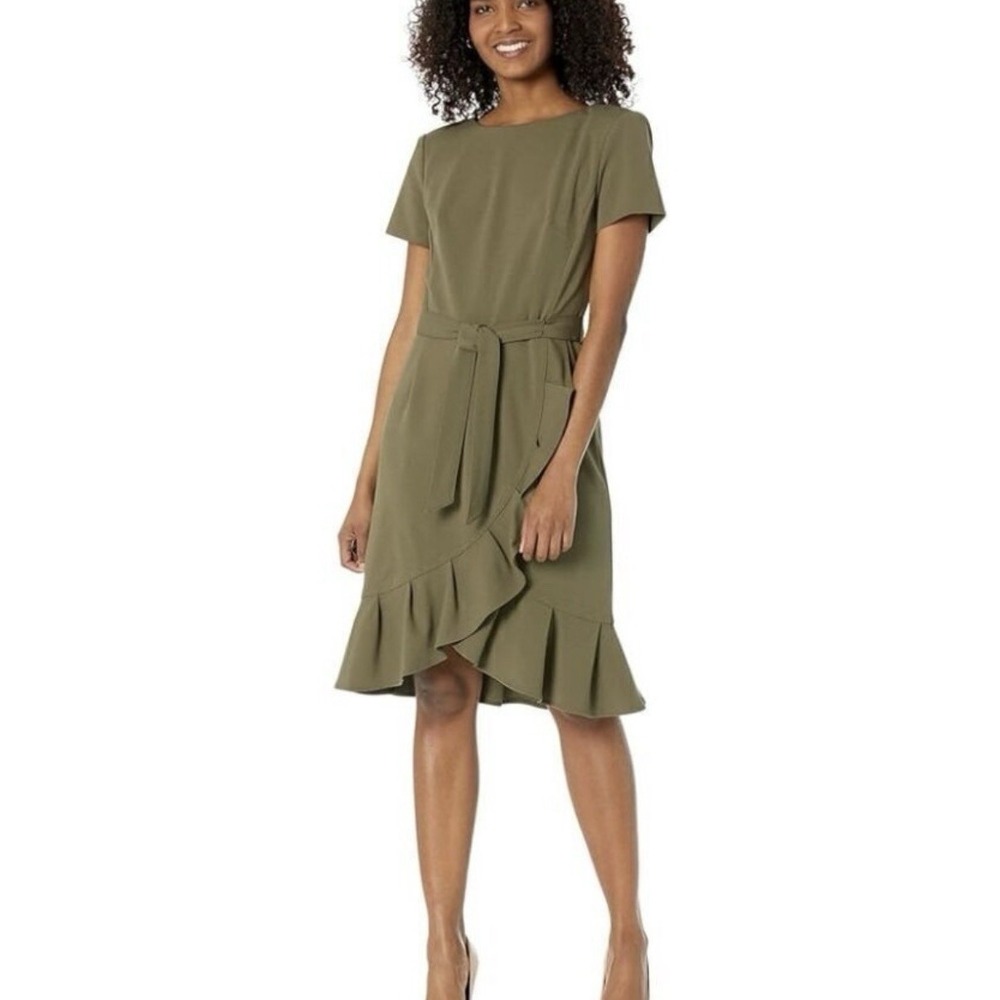 Calvin Klein Olive Green Ruffle Tulip Hem Stretch Crepe Belt Dress Size 6